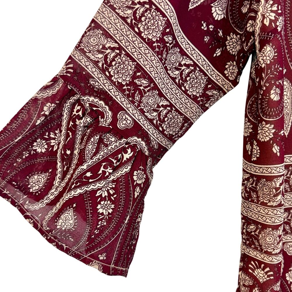 Skies Are Blue Maroon Tan Paisley Tunic Top Pleated V Neckline Grommet Accent - Picture 7 of 16